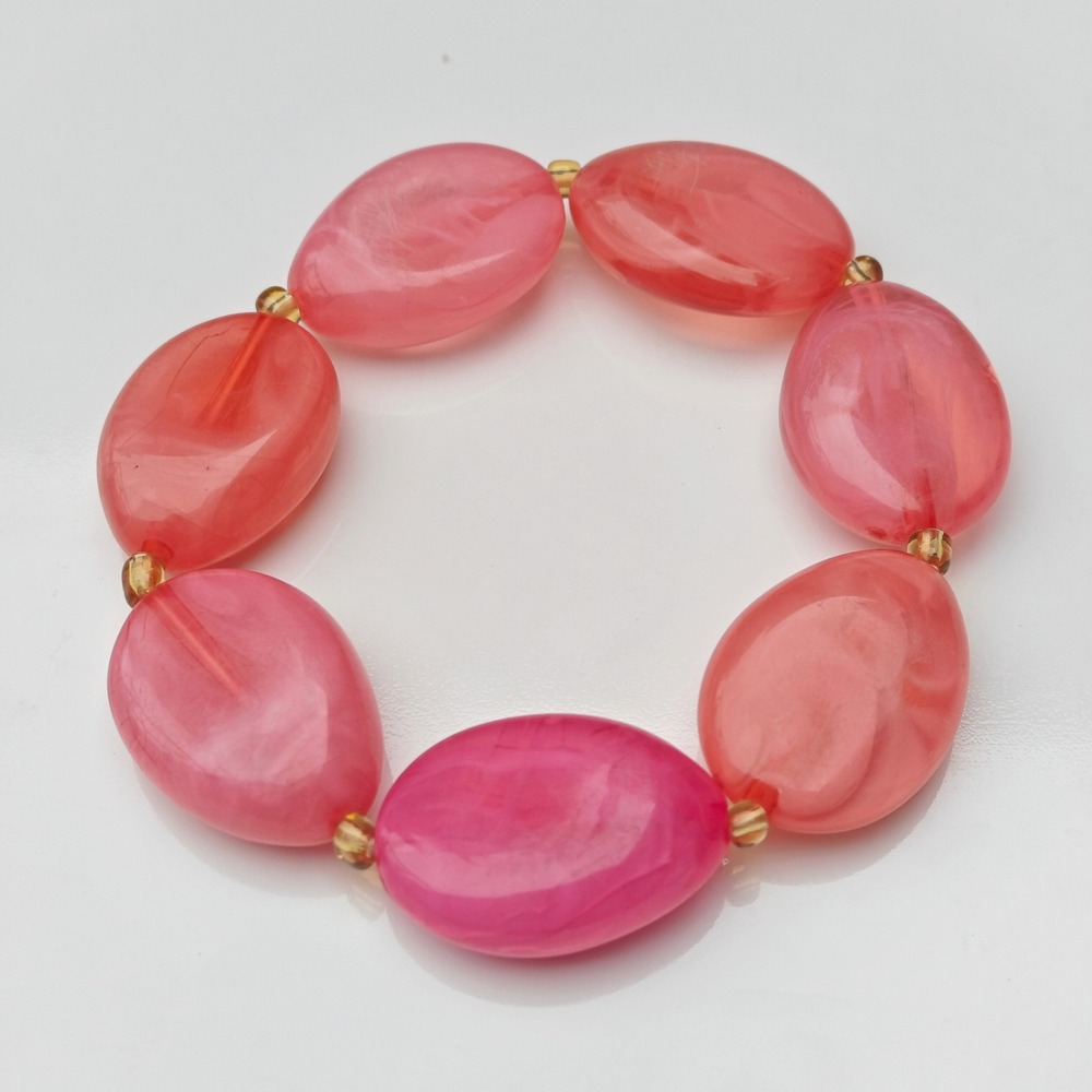 Pink Coral Marbled Resin Chunky Oval Bead Stretch Statement Beaded Bracelet